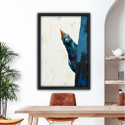 Party hat pigeon peeking impasto oil painting framed canvas wall art – black frame above modern dining table