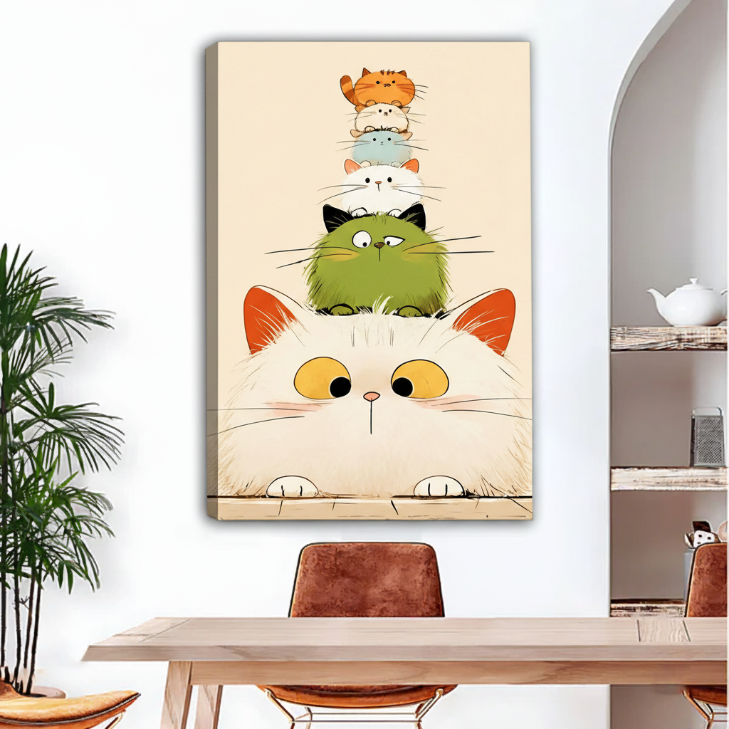 Stacked cats cartoon canvas wall art, gallery wrap frameless, cute cat tower print, modern living room
