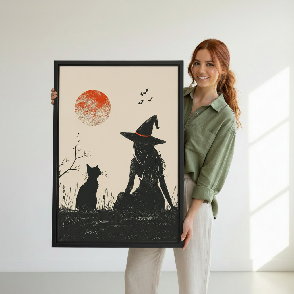Halloween witch and black cat silhouette canvas wall art in black frame in minimalist living room — red moon gothic art print
