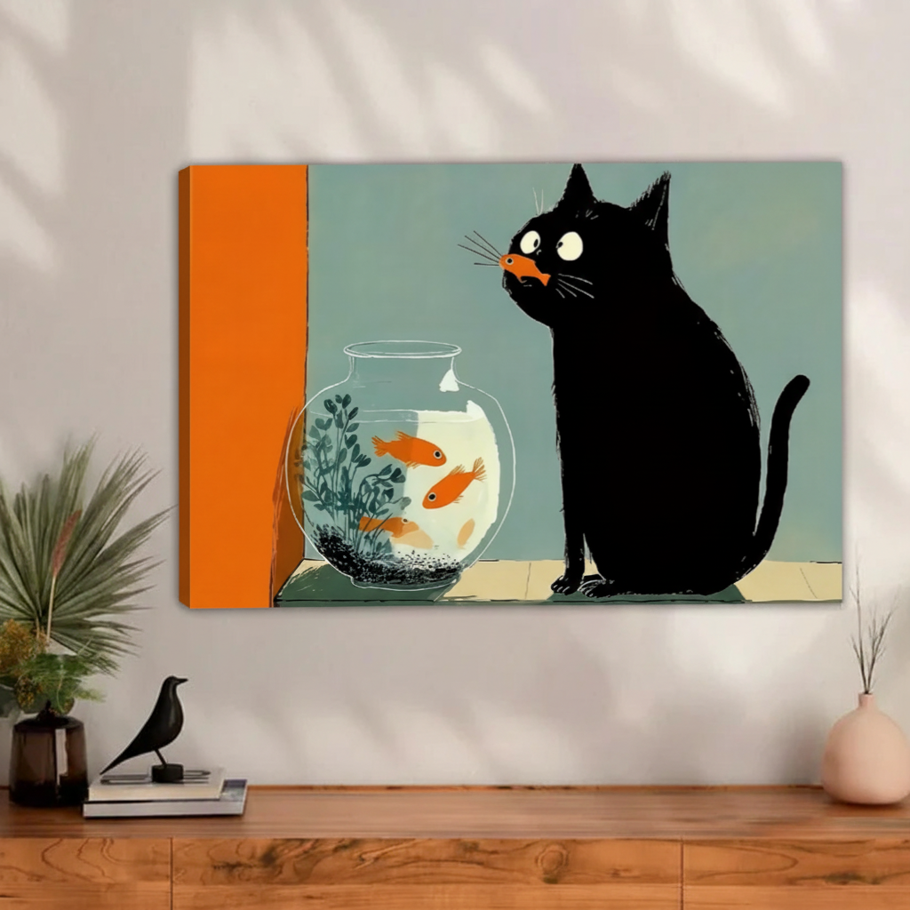 Black Cat Goldfish Bowl Retro Wall Art Print l2000