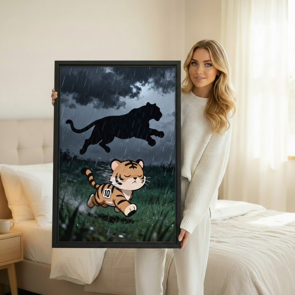 Liberty Signs tiger canvas wall art – dramatic rain scene with leaping black panther shadow