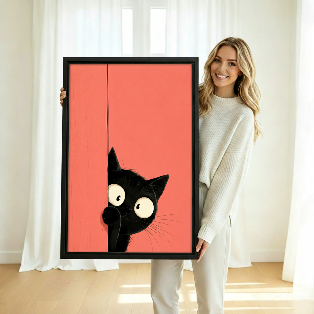 Woman holding peeking black cat framed canvas wall art print coral background