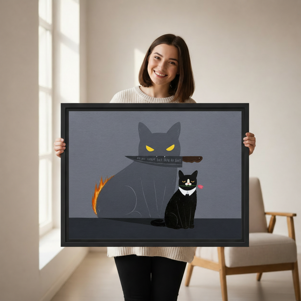 Do No Harm funny black cat shadow wall art — framed canvas print shown in a cozy bedroom setting