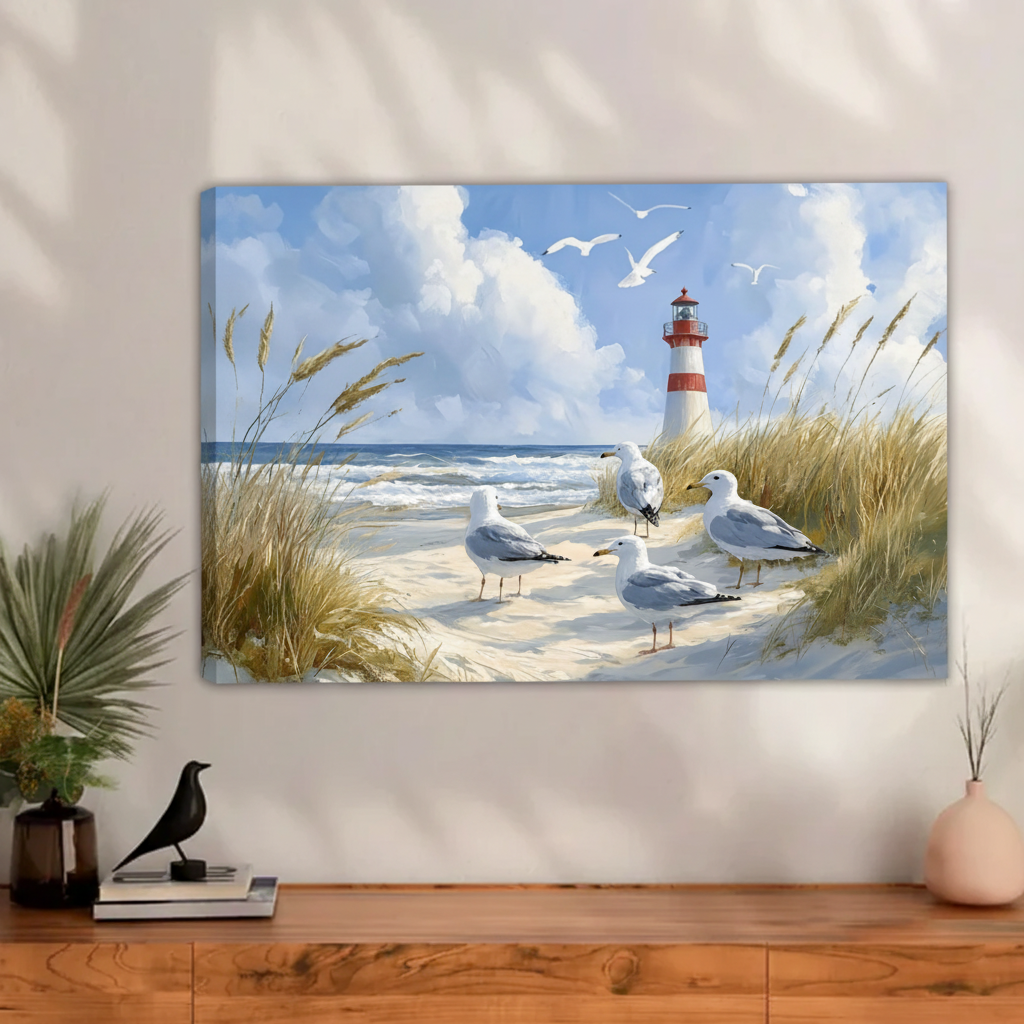 Coastal Lighthouse Seagull Canvas Wall Art - Nautical Wall Decor for Modern Home