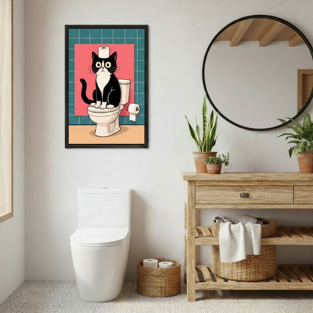 Funny cat on toilet bathroom canvas wall art print in black frame beside round mirror in rustic modern bathroom