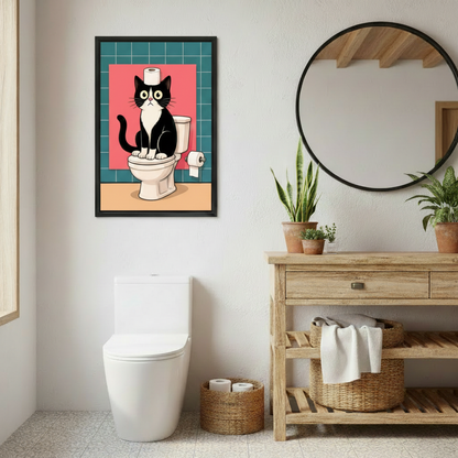 Funny cat on toilet bathroom canvas wall art print in black frame beside round mirror in rustic modern bathroom