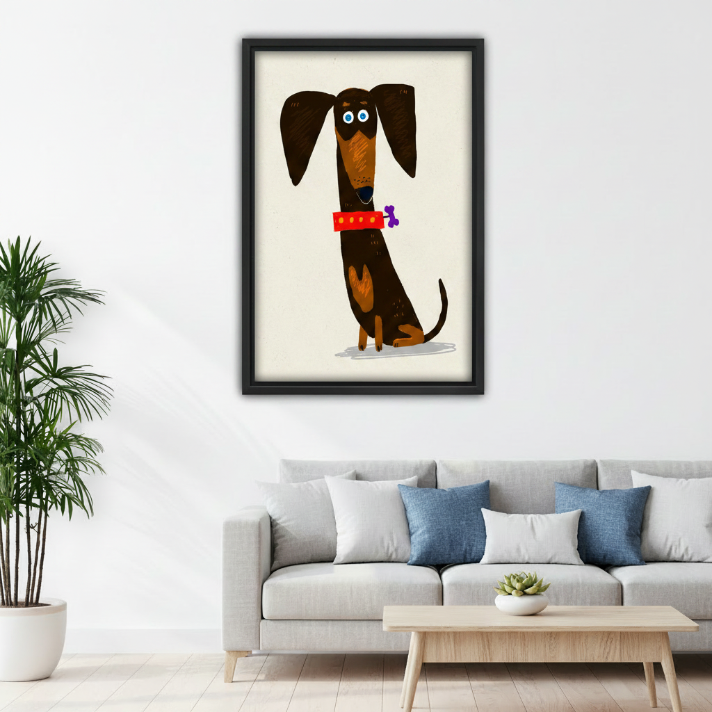 Cute dachshund dog canvas wall art above light gray sofa in bright Scandinavian living room