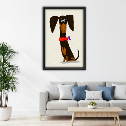 Cute dachshund dog canvas wall art above light gray sofa in bright Scandinavian living room