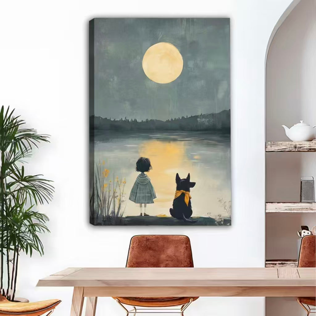 Moonlit night girl and dog floating canvas print above dining table