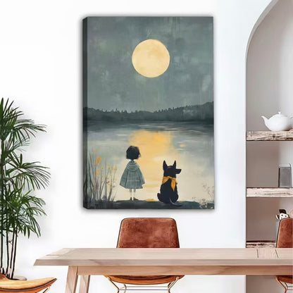 Moonlit night girl and dog floating canvas print above dining table