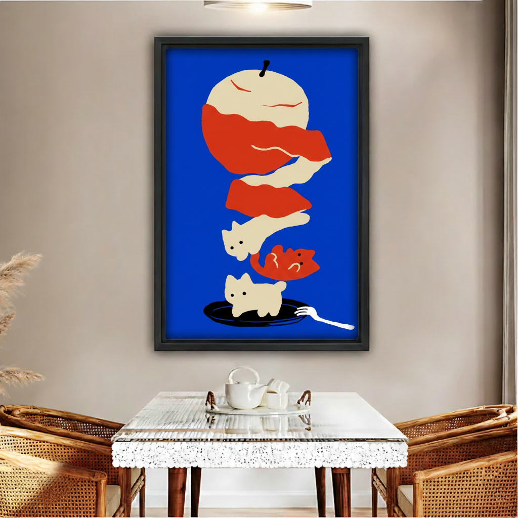 Cat apple graphic framed canvas wall art print above glass coffee table with rattan chairs