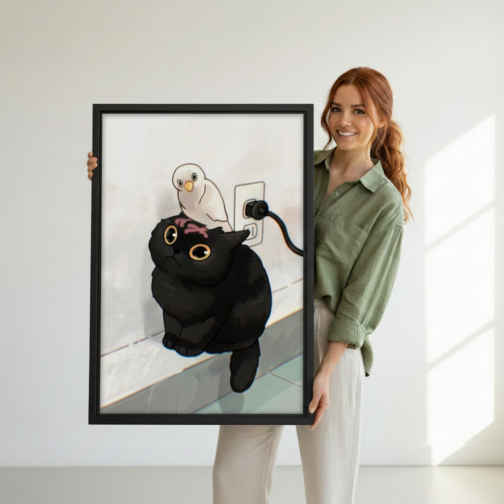 Woman holding chubby cat and bird anime framed canvas print — kawaii illustration wall art, cute cat lover gift