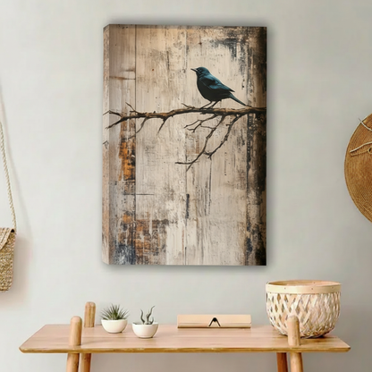 Blue bird on branch unframed wall art, rustic distressed background, black picture frame, premium art print for home