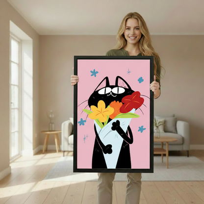 Woman holding black cat flower bouquet retro pink canvas print, charming cat lover wall art gift