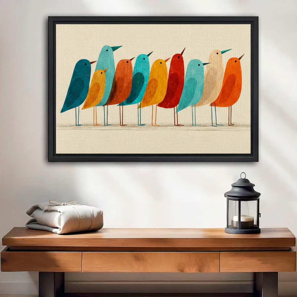 Mid-century modern colorful birds framed canvas wall art above entryway console table, retro home decor