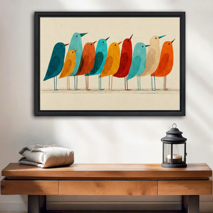 Mid-century modern colorful birds framed canvas wall art above entryway console table, retro home decor