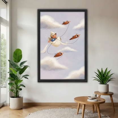 Whimsical boy flying paper boat with birds fantasy canvas wall art in black frame — dreamy cloud illustration, magical kids room wall decor