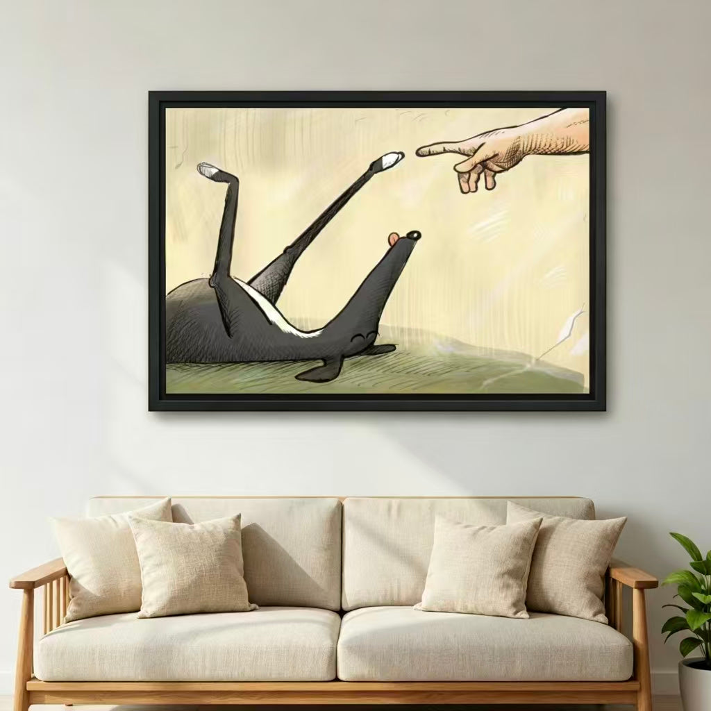 Funny dog belly rub parody canvas wall art above sofa living room humorous pet decor
