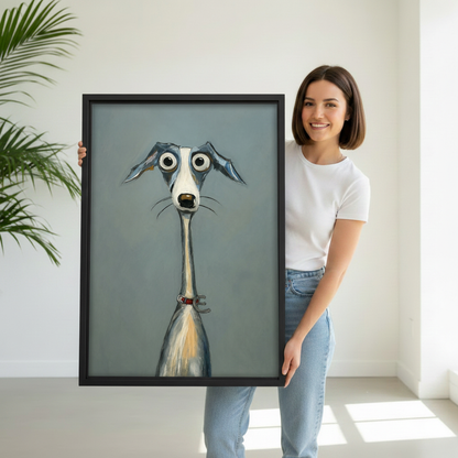 Woman holding funny whimsical greyhound dog framed canvas wall art, black frame, bold wide-eyed dog pop art illustration on grey-blue background, minimalist white room display