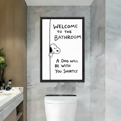 Funny dog bathroom wall art framed canvas print – peeking dog humor poster for bathroom decor