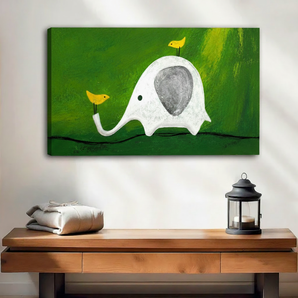 Cute elephant wall art in black floating frame above entryway console, vibrant green background
