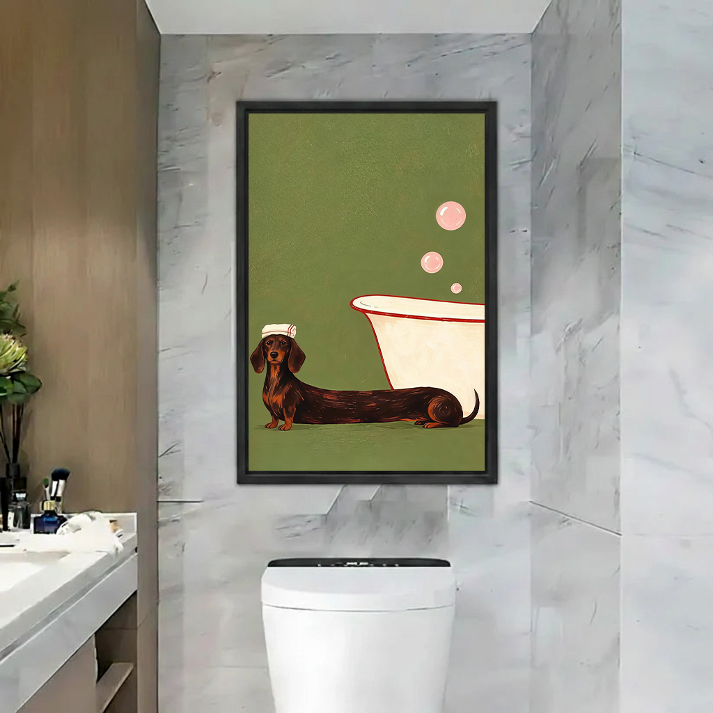 Whimsical dachshund bathroom canvas wall art in a black frame above a colorful living room sofa