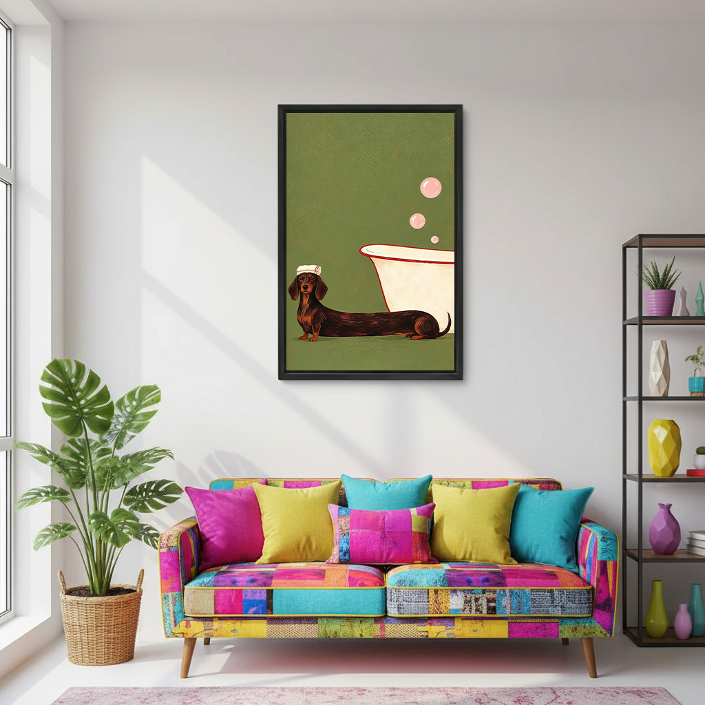 Whimsical dachshund dog bathroom wall decor in a black frame beside a wooden vanity and round mirror