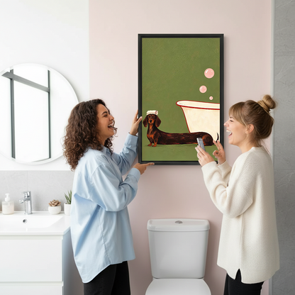 Framed whimsical dachshund canvas wall art featuring a dog beside a clawfoot tub on a green background