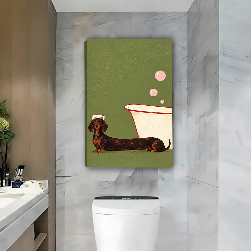 Two women hanging a funny dachshund bathtub canvas print with towel and bubbles in a modern bathroom