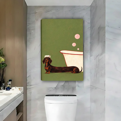 Two women hanging a funny dachshund bathtub canvas print with towel and bubbles in a modern bathroom