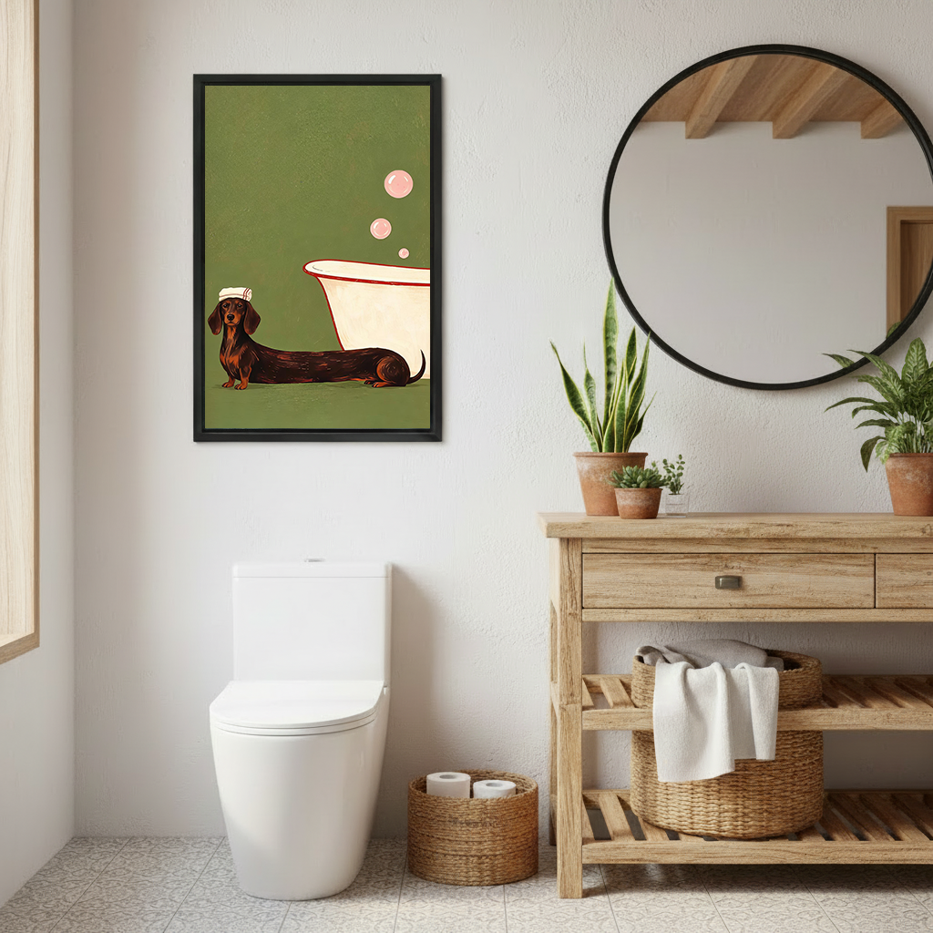 Gallery wrap dachshund bathroom canvas art of a towel-wearing dog next to a bathtub with pink bubbles