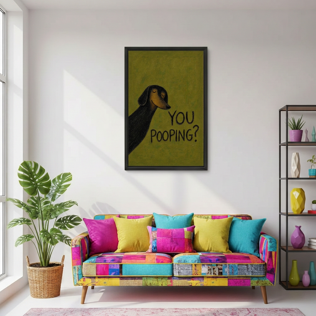 Funny dachshund canvas wall art above a colorful living room sofa