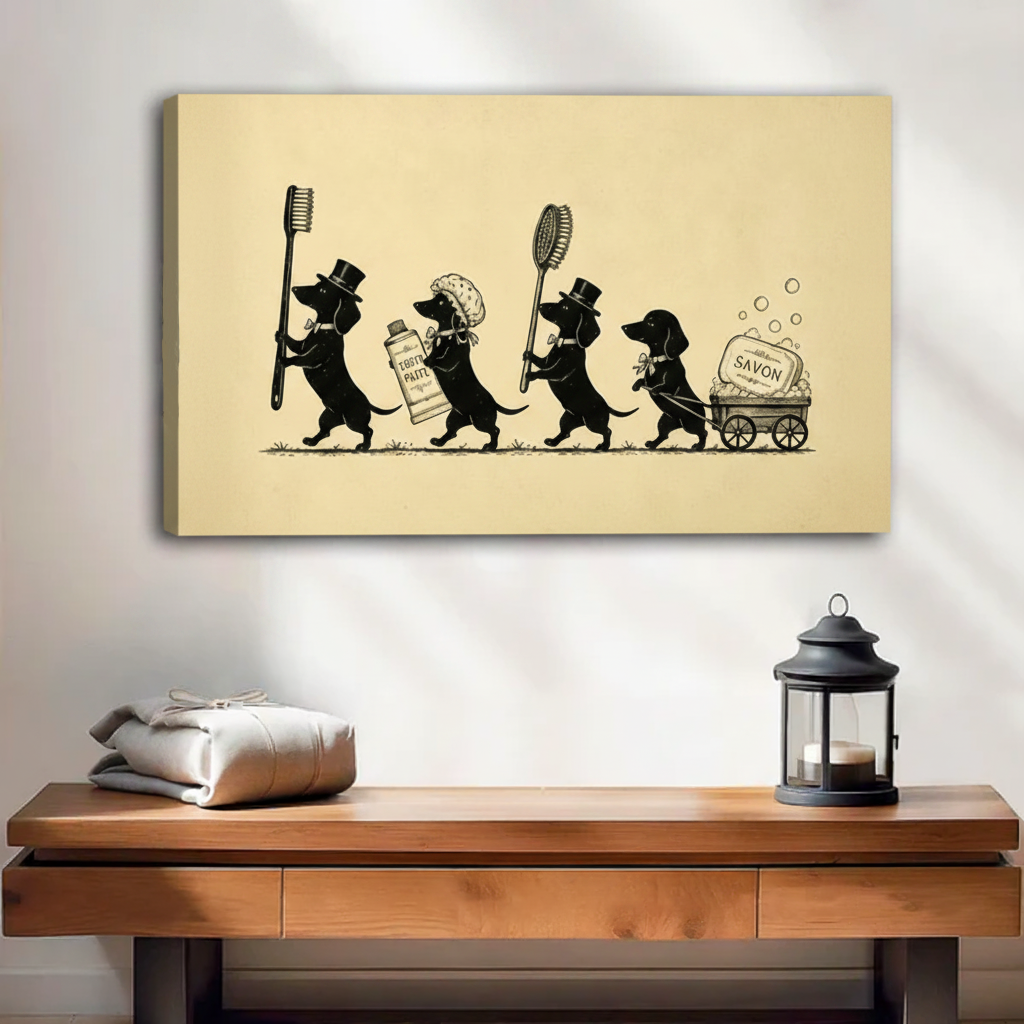 Unframed canvas print featuring four whimsical dachshunds marching in a bathroom parade with oversized grooming items on a cream vintage background