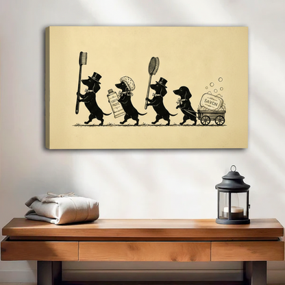 Unframed canvas print featuring four whimsical dachshunds marching in a bathroom parade with oversized grooming items on a cream vintage background