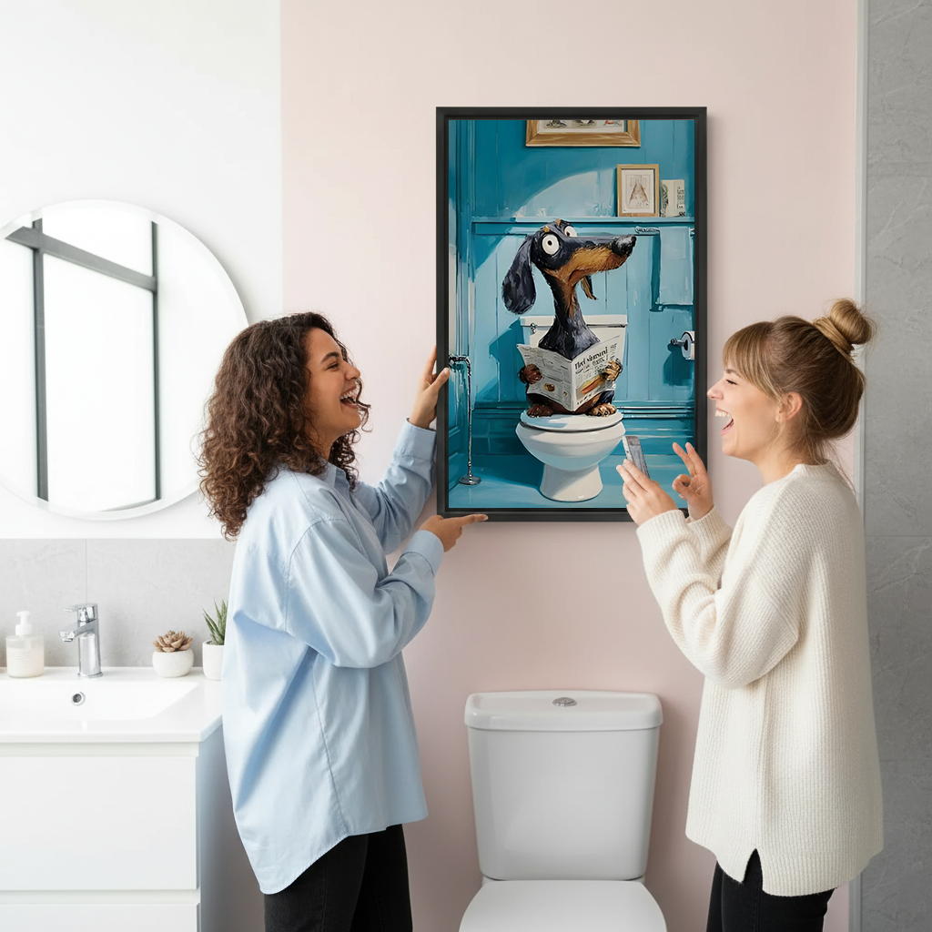 Two women laughing while hanging funny dachshund on toilet framed wall art in modern white bathroom