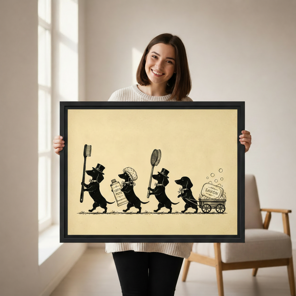 Woman holding a large framed dachshund bathroom parade print showing size reference, vintage black ink illustration on cream parchment background