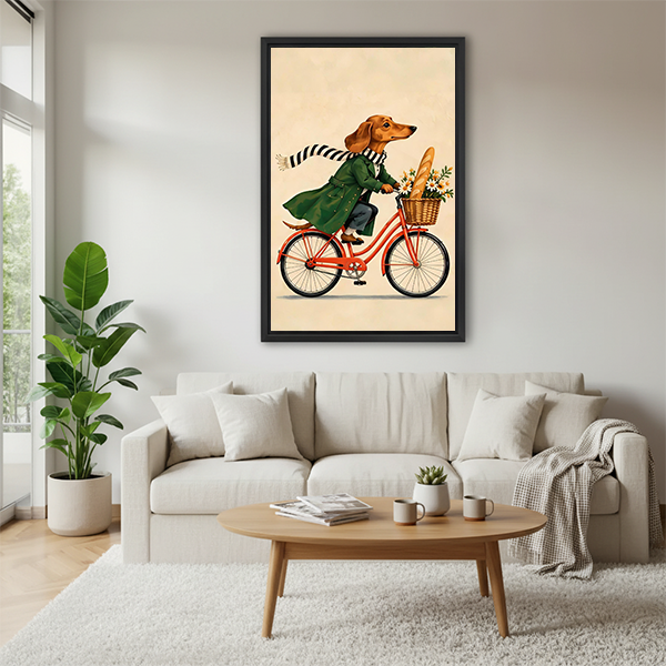 Whimsical dachshund bicycle canvas wall art in a black frame beside a bed with rust-colored bedding.