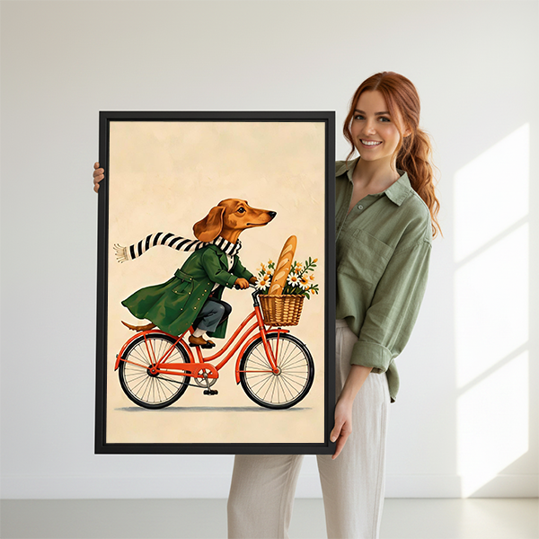 Framed dachshund bicycle canvas wall art featuring a striped scarf and flower basket beside indoor plants.
