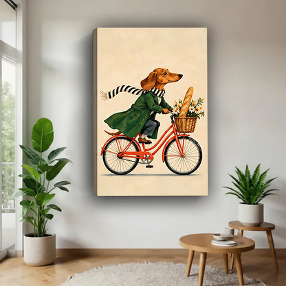 Black-framed dachshund bicycle canvas wall art with a cream background displayed above a light sofa.