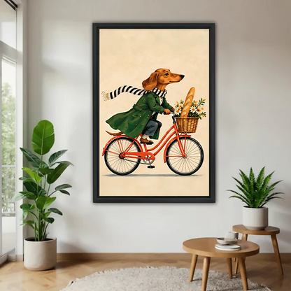 Unframed dachshund bicycle canvas wall art showing a green-coated dog on a red bike between potted plants.