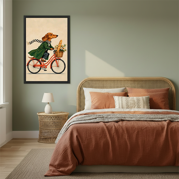 Woman holding black-framed dachshund bicycle canvas wall art showing a red bike with daisies and a baguette.