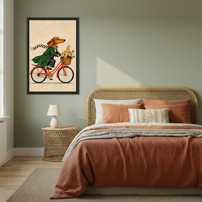 Woman holding black-framed dachshund bicycle canvas wall art showing a red bike with daisies and a baguette.