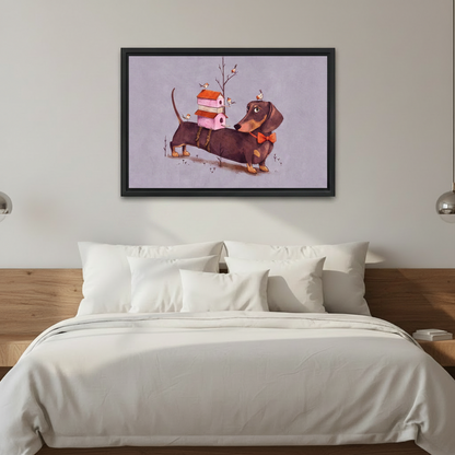 Whimsical dachshund with birdhouse and bow tie framed canvas print hung above white bed in modern bedroom