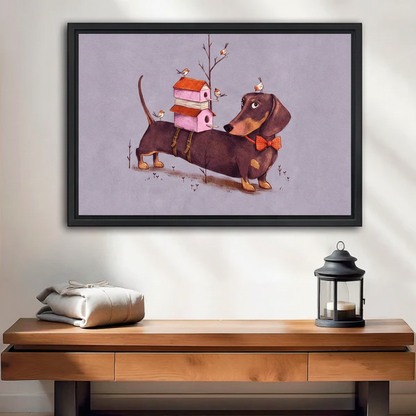 Dachshund birdhouse bow tie whimsical framed canvas wall art displayed above wooden console table in entryway