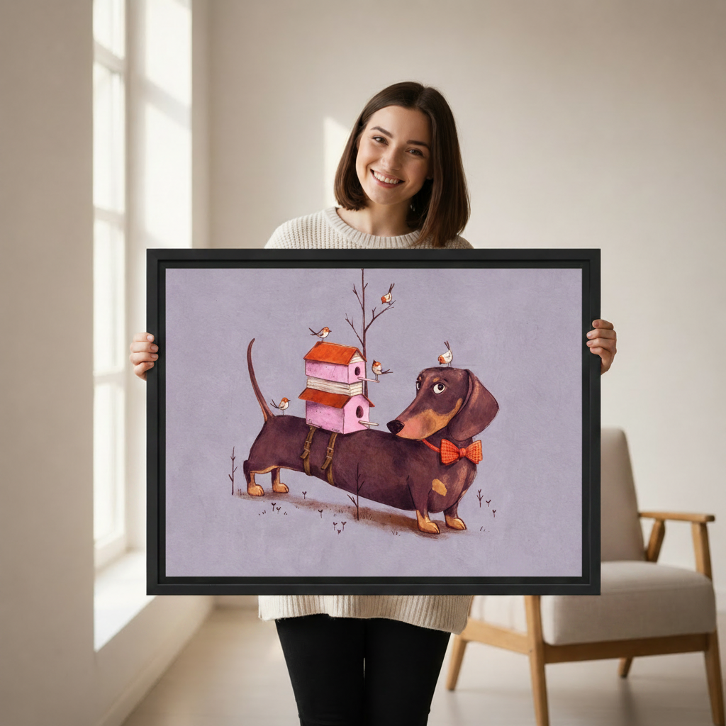 Woman holding whimsical dachshund birdhouse bow tie framed canvas wall art size reference