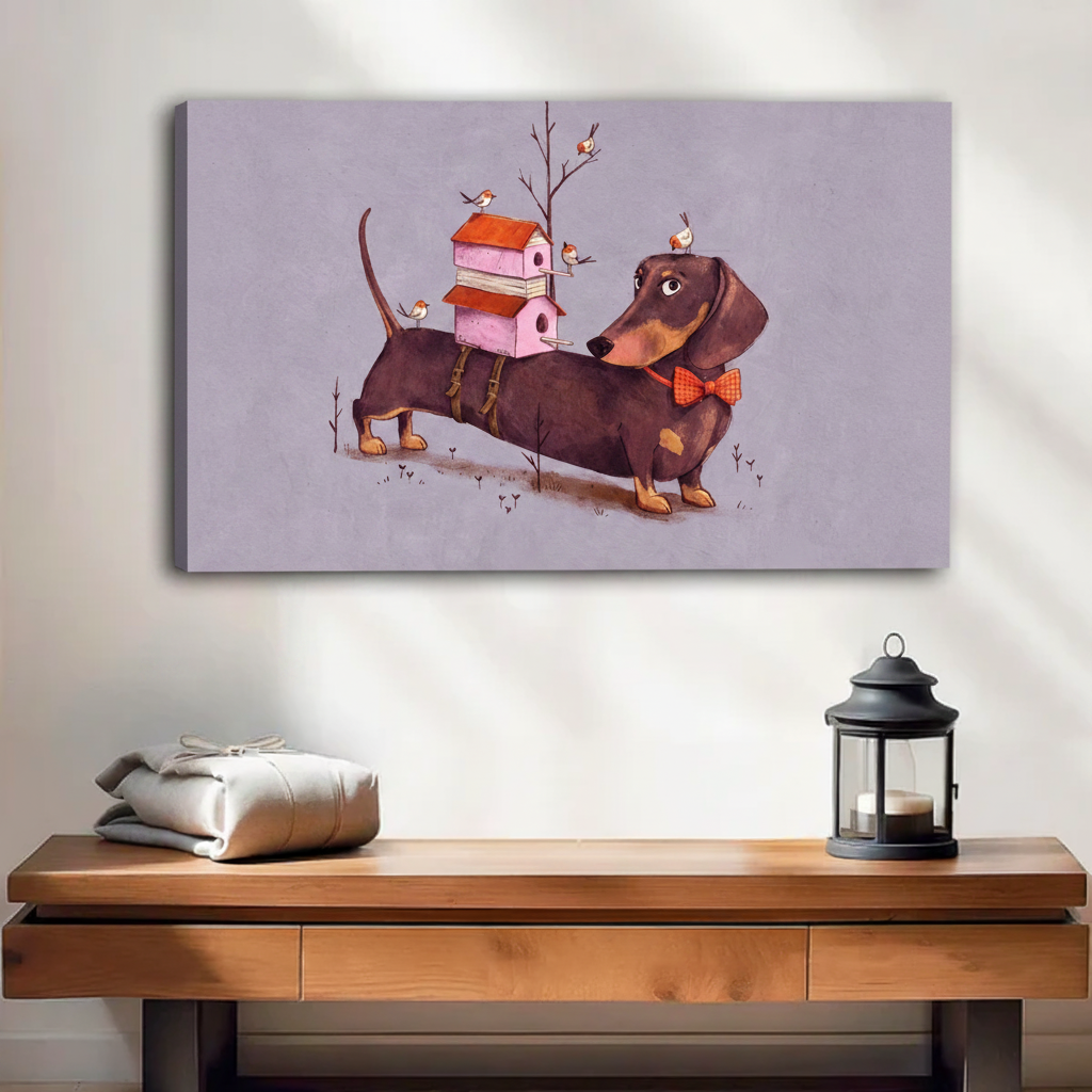 Dachshund birdhouse bow tie whimsical gallery wrap canvas print above wooden console table in entryway