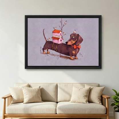 Whimsical dachshund with birdhouse and bow tie framed canvas print displayed above beige sofa in living room