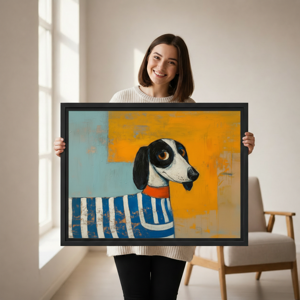 Playful oil painting style dachshund in blue and white stripes with orange collar on bold yellow and teal abstract background framed canvas above cream linen sofa with oak frame and green plant