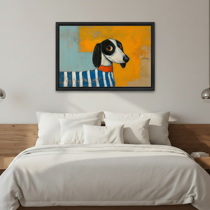 Cheerful abstract dachshund portrait in blue striped sweater with orange collar on yellow and teal textured background framed canvas hung above wooden platform bed with white bedding