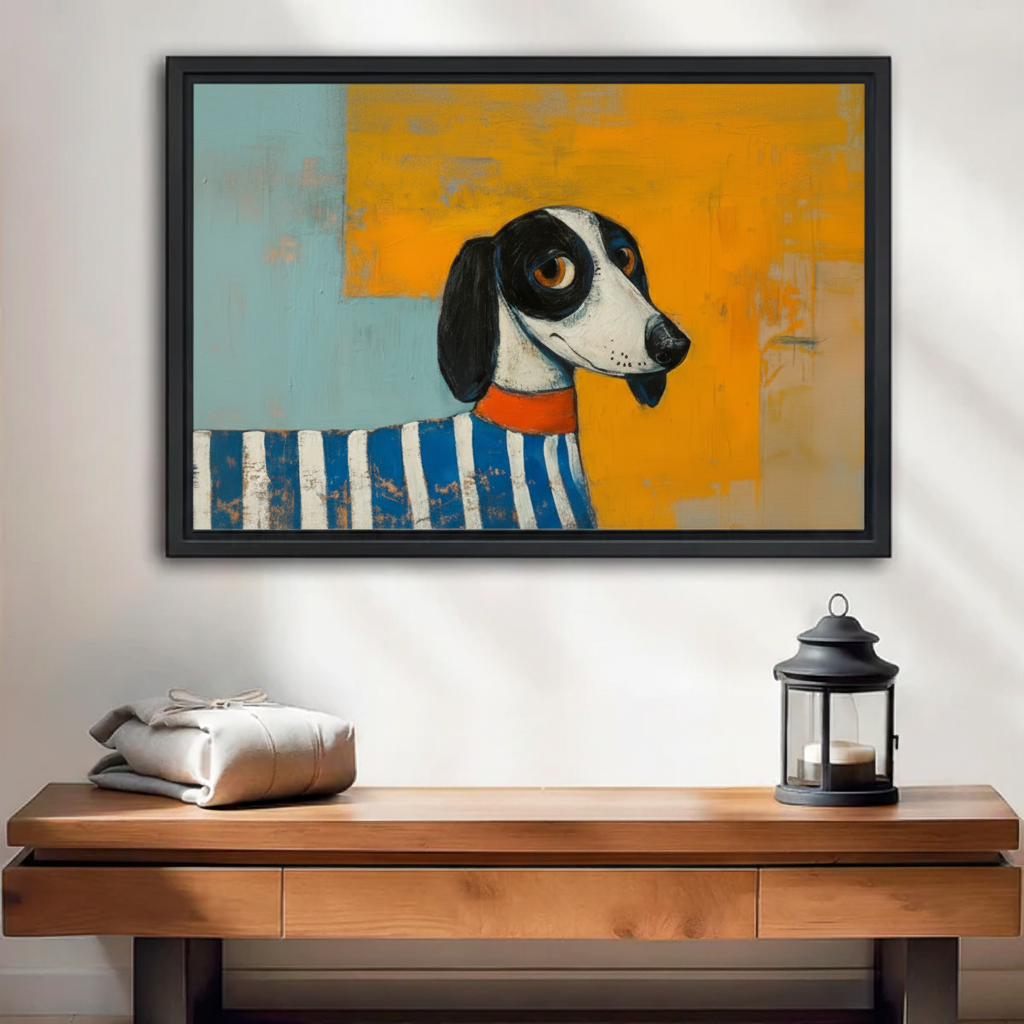 Bold abstract portrait of a dachshund in blue and white striped sweater with orange collar on teal and yellow textured background framed canvas above walnut console table with lantern